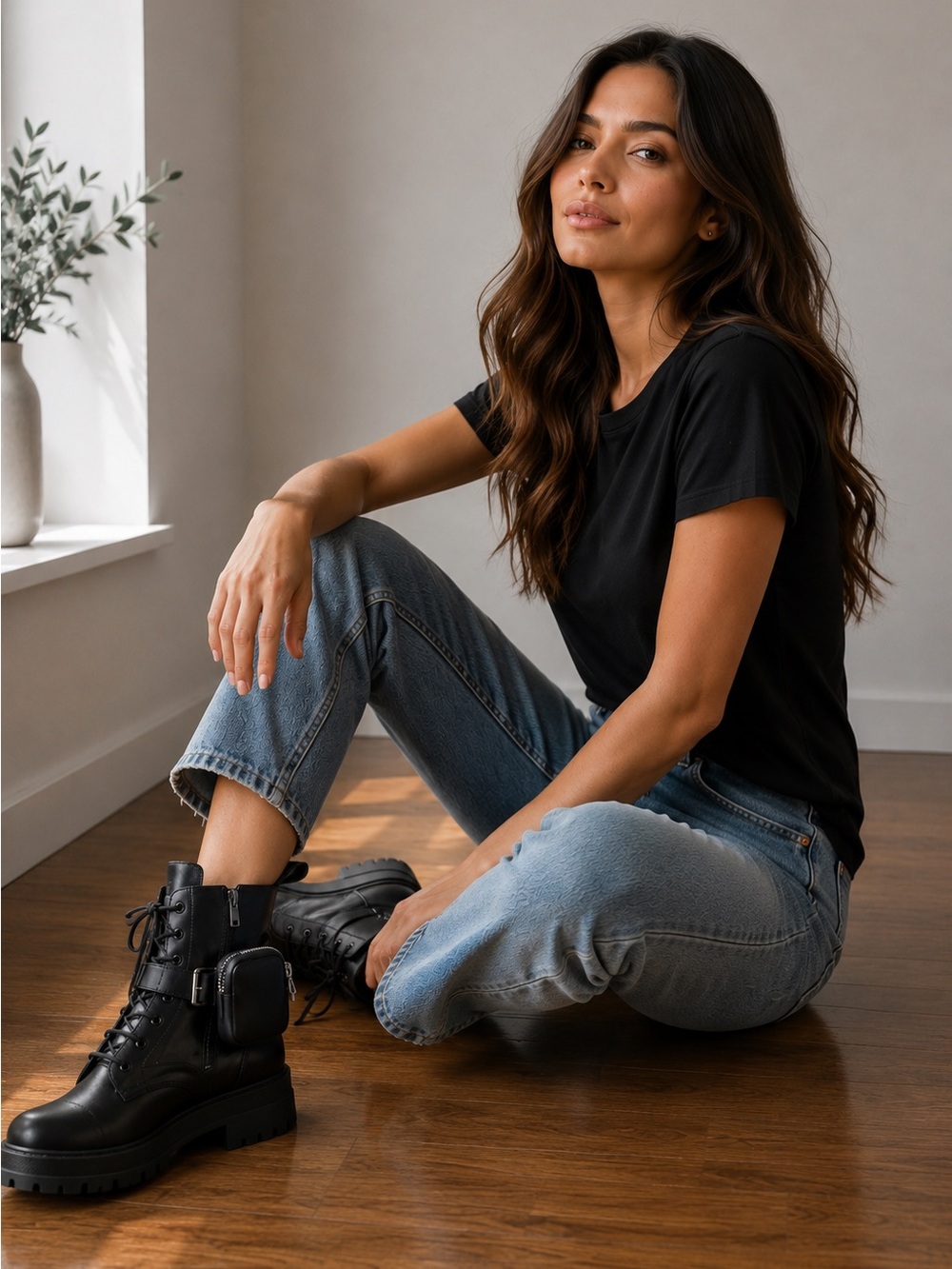 Liliana Black Combat Moto Boots with Mini Zip Pouch